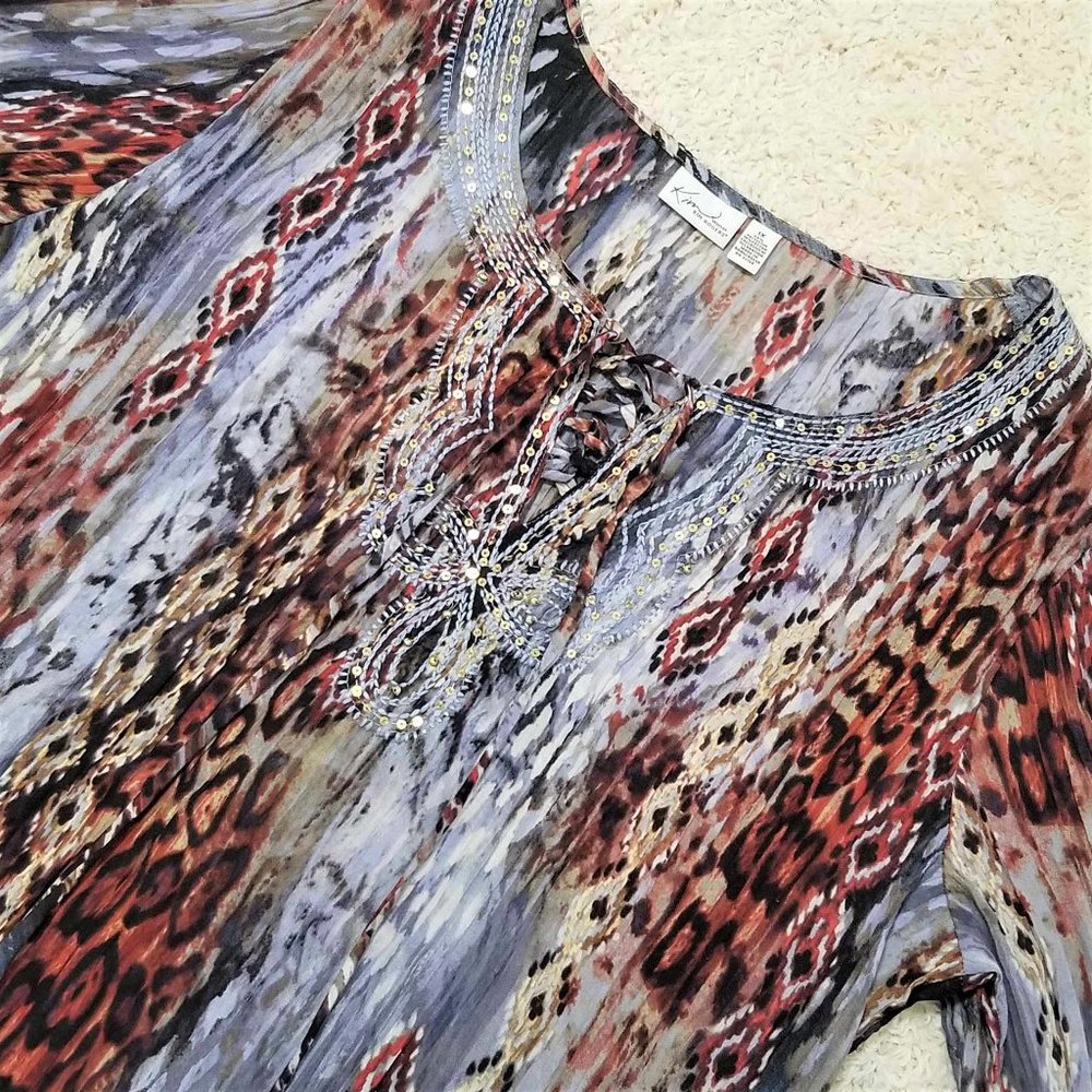 Top, Blouse. Blue, Brown, Rust Multi Pattern. Embroidered. Size 1X. - Picture 9 of 16